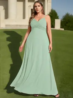 A-Line/Princess Spaghetti Straps V-Neck Sleeveless Floor-Length Chiffon Plus Size Bridesmaid Dresses with Ruffles — view 1