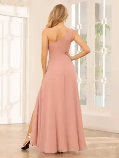 A-Line/Princess One-Shoulder Sleeveless Floor-Length Bridesmaid Dresses with Split Side & Ruffles — view 2