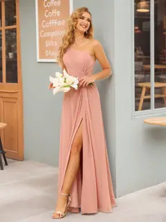 A-Line/Princess One-Shoulder Sleeveless Floor-Length Bridesmaid Dresses with Split Side & Ruffles — view 3