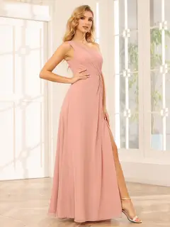 A-Line/Princess One-Shoulder Sleeveless Floor-Length Bridesmaid Dresses with Split Side & Ruffles — view 5
