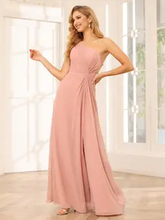 A-Line/Princess One-Shoulder Sleeveless Floor-Length Bridesmaid Dresses with Split Side & Ruffles — view 6