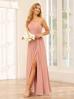 A-Line/Princess One-Shoulder Sleeveless Floor-Length Bridesmaid Dresses with Split Side & Ruffles — view 7
