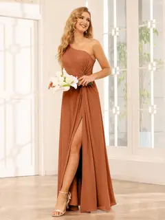 A-Line/Princess One-Shoulder Sleeveless Floor-Length Bridesmaid Dresses with Split Side & Ruffles — view 9