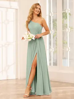 A-Line/Princess One-Shoulder Sleeveless Floor-Length Bridesmaid Dresses with Split Side & Ruffles — view 10