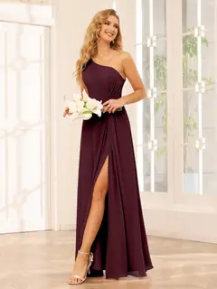 A-Line/Princess One-Shoulder Sleeveless Floor-Length Bridesmaid Dresses with Split Side & Ruffles — view 12