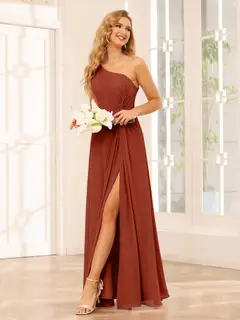 A-Line/Princess One-Shoulder Sleeveless Floor-Length Bridesmaid Dresses with Split Side & Ruffles — view 13