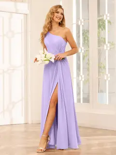 A-Line/Princess One-Shoulder Sleeveless Floor-Length Bridesmaid Dresses with Split Side & Ruffles — view 14