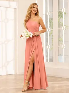 A-Line/Princess One-Shoulder Sleeveless Floor-Length Bridesmaid Dresses with Split Side & Ruffles — view 15