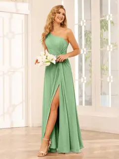 A-Line/Princess One-Shoulder Sleeveless Floor-Length Bridesmaid Dresses with Split Side & Ruffles — view 16