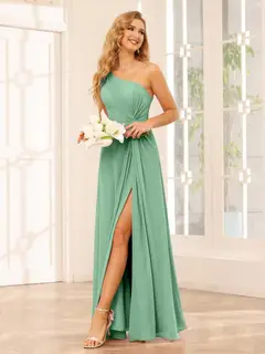 A-Line/Princess One-Shoulder Sleeveless Floor-Length Bridesmaid Dresses with Split Side & Ruffles — view 17