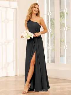A-Line/Princess One-Shoulder Sleeveless Floor-Length Bridesmaid Dresses with Split Side & Ruffles — view 18