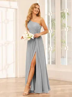 A-Line/Princess One-Shoulder Sleeveless Floor-Length Bridesmaid Dresses with Split Side & Ruffles — view 22