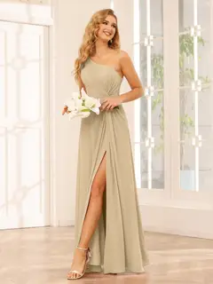 A-Line/Princess One-Shoulder Sleeveless Floor-Length Bridesmaid Dresses with Split Side & Ruffles — view 24