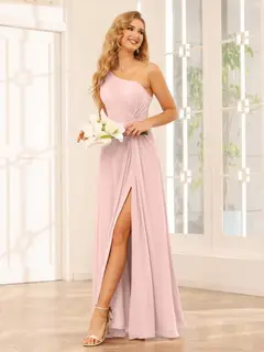 A-Line/Princess One-Shoulder Sleeveless Floor-Length Bridesmaid Dresses with Split Side & Ruffles — view 25