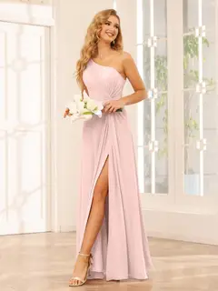 A-Line/Princess One-Shoulder Sleeveless Floor-Length Bridesmaid Dresses with Split Side & Ruffles — view 26