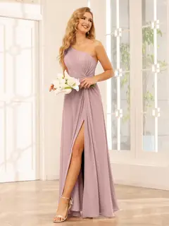 A-Line/Princess One-Shoulder Sleeveless Floor-Length Bridesmaid Dresses with Split Side & Ruffles — view 29