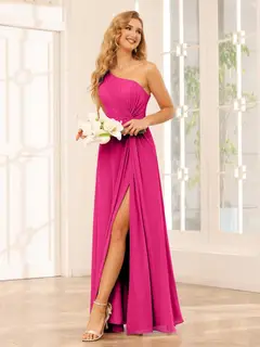 A-Line/Princess One-Shoulder Sleeveless Floor-Length Bridesmaid Dresses with Split Side & Ruffles — view 33