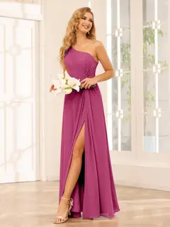 A-Line/Princess One-Shoulder Sleeveless Floor-Length Bridesmaid Dresses with Split Side & Ruffles — view 34
