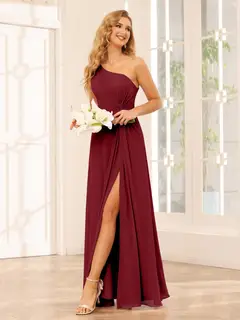 A-Line/Princess One-Shoulder Sleeveless Floor-Length Bridesmaid Dresses with Split Side & Ruffles — view 36