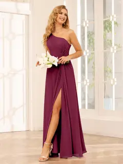 A-Line/Princess One-Shoulder Sleeveless Floor-Length Bridesmaid Dresses with Split Side & Ruffles — view 37