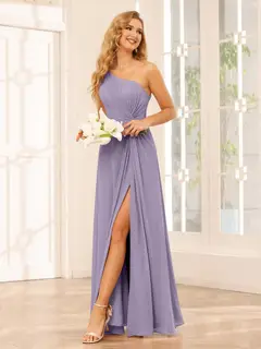 A-Line/Princess One-Shoulder Sleeveless Floor-Length Bridesmaid Dresses with Split Side & Ruffles — view 38