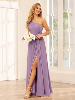 A-Line/Princess One-Shoulder Sleeveless Floor-Length Bridesmaid Dresses with Split Side & Ruffles — view 39