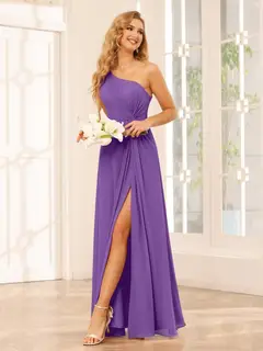 A-Line/Princess One-Shoulder Sleeveless Floor-Length Bridesmaid Dresses with Split Side & Ruffles — view 41