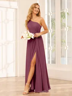 A-Line/Princess One-Shoulder Sleeveless Floor-Length Bridesmaid Dresses with Split Side & Ruffles — view 42