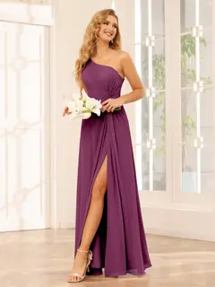 A-Line/Princess One-Shoulder Sleeveless Floor-Length Bridesmaid Dresses with Split Side & Ruffles — view 43