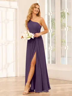 A-Line/Princess One-Shoulder Sleeveless Floor-Length Bridesmaid Dresses with Split Side & Ruffles — view 45