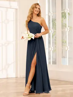 A-Line/Princess One-Shoulder Sleeveless Floor-Length Bridesmaid Dresses with Split Side & Ruffles — view 58