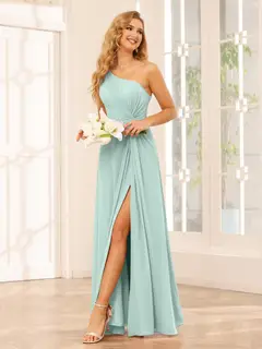 A-Line/Princess One-Shoulder Sleeveless Floor-Length Bridesmaid Dresses with Split Side & Ruffles — view 59