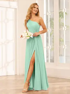 A-Line/Princess One-Shoulder Sleeveless Floor-Length Bridesmaid Dresses with Split Side & Ruffles — view 60