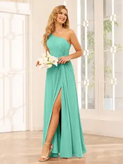 A-Line/Princess One-Shoulder Sleeveless Floor-Length Bridesmaid Dresses with Split Side & Ruffles — view 61