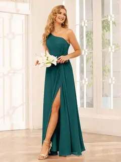 A-Line/Princess One-Shoulder Sleeveless Floor-Length Bridesmaid Dresses with Split Side & Ruffles — view 65
