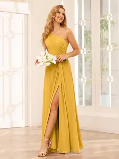 A-Line/Princess One-Shoulder Sleeveless Floor-Length Bridesmaid Dresses with Split Side & Ruffles — view 69