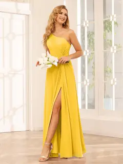 A-Line/Princess One-Shoulder Sleeveless Floor-Length Bridesmaid Dresses with Split Side & Ruffles — view 70