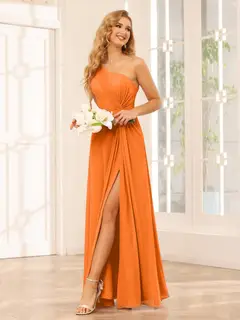 A-Line/Princess One-Shoulder Sleeveless Floor-Length Bridesmaid Dresses with Split Side & Ruffles — view 71
