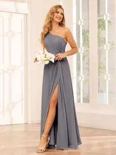 A-Line/Princess One-Shoulder Sleeveless Floor-Length Bridesmaid Dresses with Split Side & Ruffles — view 73