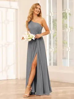 A-Line/Princess One-Shoulder Sleeveless Floor-Length Bridesmaid Dresses with Split Side & Ruffles — view 74