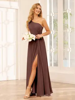A-Line/Princess One-Shoulder Sleeveless Floor-Length Bridesmaid Dresses with Split Side & Ruffles — view 75