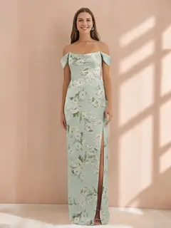 Sheath/Column Off-the-Shoulder Sleeveless Printed Floral Bridesmaid Dresses with Split Side — view 1