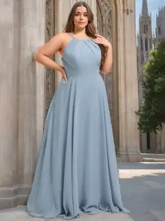 A-Line/Princess Halter Sleeveless Floor-Length Chiffon Plus Size Bridesmaid Dresses — view 1