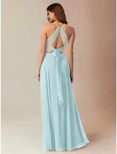 A-Line/Princess Halter Floor-length Long Bridesmaid Dresses — LV45144373 — view 2