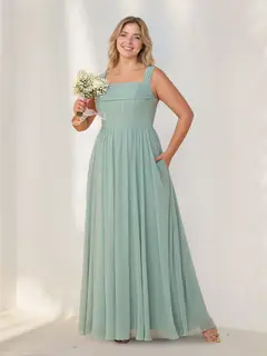 A-Line/Princess Square Neck Sleeveless Floor-Length Chiffon Plus Size Bridesmaid Dresses with Pleats — view 1