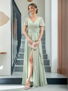 A-Line/Princess V-Neck Short Sleeves Floor-Length Chiffon Bridesmaid Dresses with Split Side & Ruched — view 1