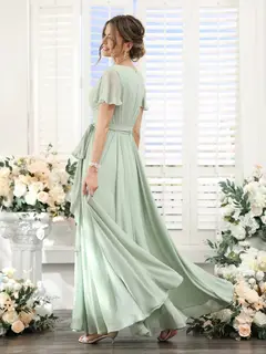 A-Line/Princess V-Neck Short Sleeves Floor-Length Chiffon Bridesmaid Dresses with Split Side & Ruched — view 3