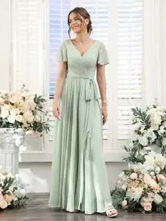 A-Line/Princess V-Neck Short Sleeves Floor-Length Chiffon Bridesmaid Dresses with Split Side & Ruched — view 4