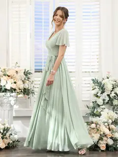 A-Line/Princess V-Neck Short Sleeves Floor-Length Chiffon Bridesmaid Dresses with Split Side & Ruched — view 5