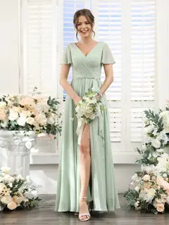A-Line/Princess V-Neck Short Sleeves Floor-Length Chiffon Bridesmaid Dresses with Split Side & Ruched — view 6